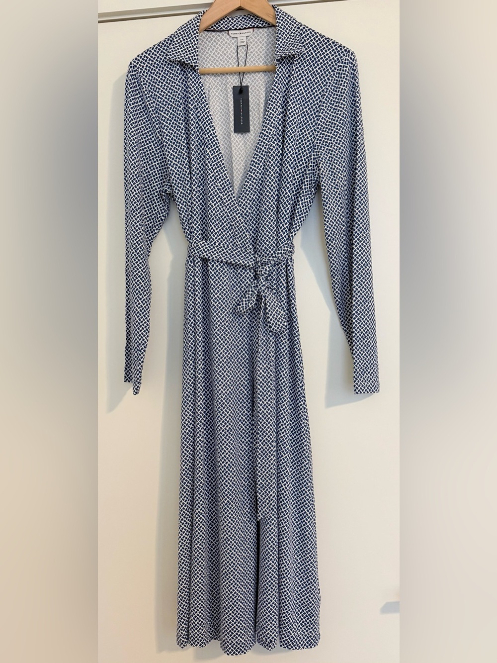 NWT Tommy Hilfiger Navy White Stretch Wrap Midi Dress Size L